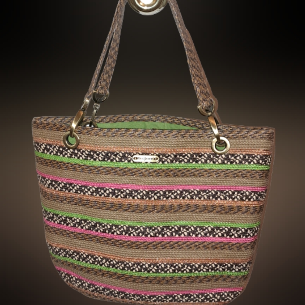 Eric Javits Designer handbag, Tan, Green, Pink, Brown, Orange. Shoulder bag.